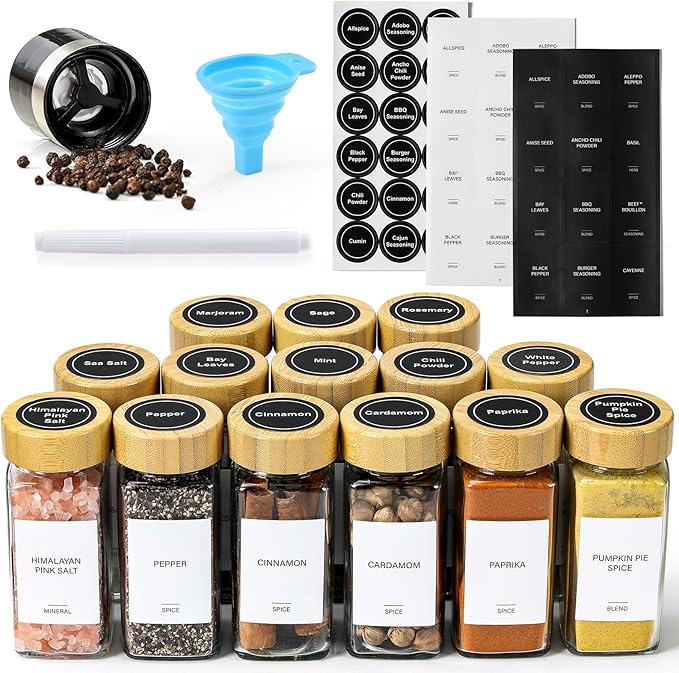 AOZITA 14 Pcs Spice Jars with Bamboo Lids - 4oz Square Spice Bottles with Spice Labels, Shaker Lids, Funnel