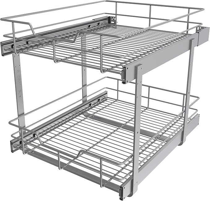 2 Tier Pull Out Cabinet Organizer 17" W X 22" D, Slide Out Drawers For Kitchen Cabinets, Pullout Drawers For Cabinets Capacity Heavy Duty Caddy, Cabinet Pullout Shelves Chrome-Plated,Bathroom Pantry