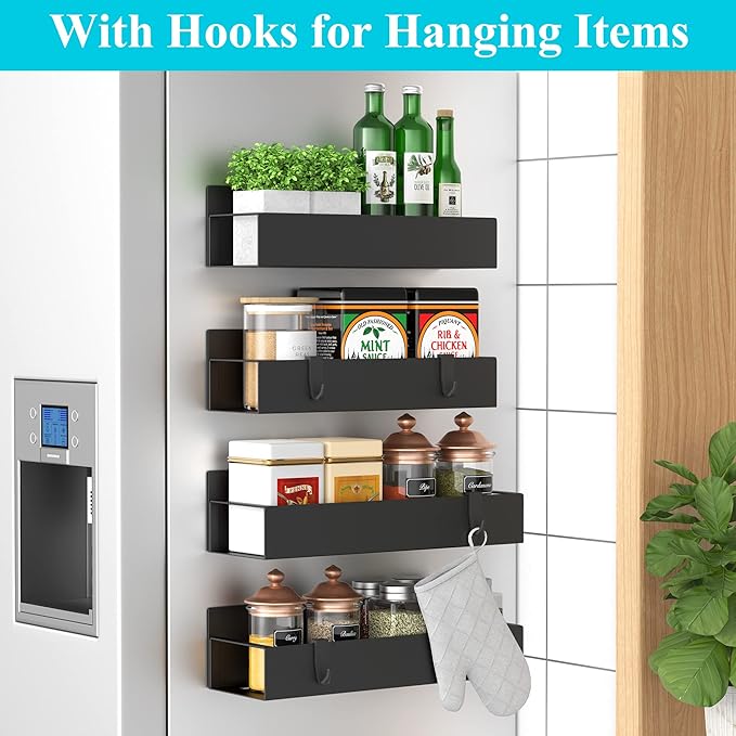 4 Pack Magnetic Spice Storage Rack Organizer for Refrigerator and Oven, Matt Black Fridge Organizers and Storage