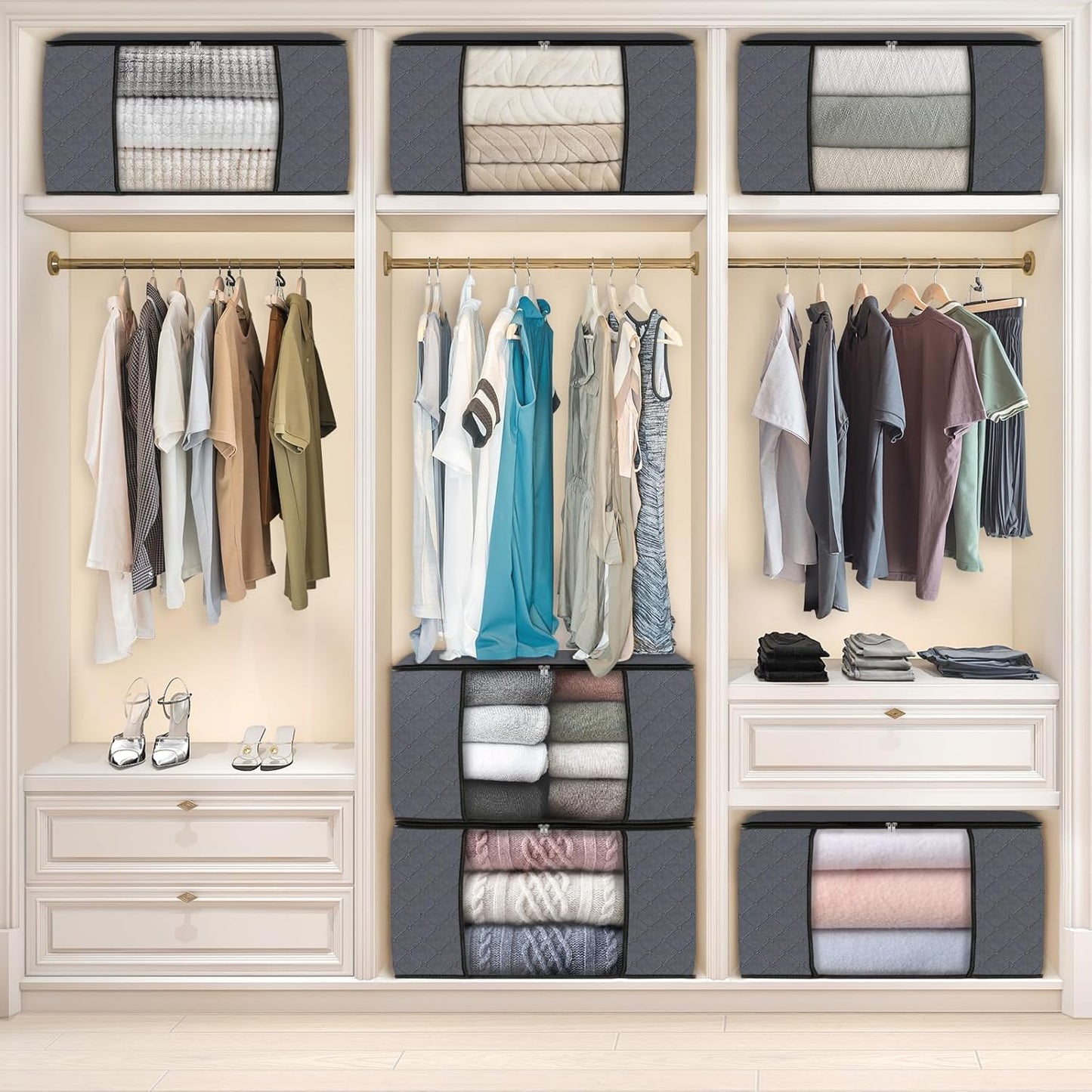 Fab totes 6 Pack Clothes Storage, Foldable Thick Fabric Blanket Storage Bags, Containers for Organizing Bedroom, Closet, Clothing, Comforter,Closet Organization with Handle,Grey