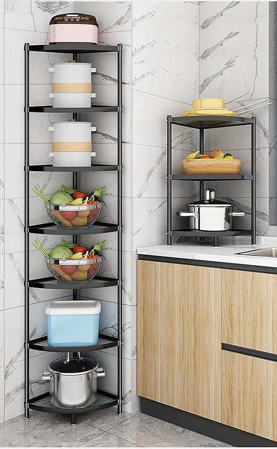 7-Tier Kitchen Corner Shelf Adjustable Pot Rack, Cookware Free Standing Storage Organizer ,Pot and Pans Tower Metal Shelves for Kitchen