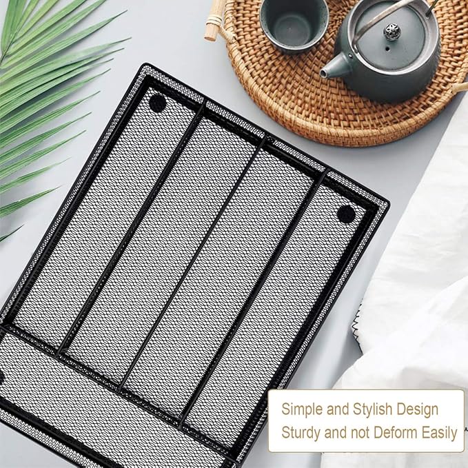 HaWare Utensil Drawer Organizer, Mesh Wire Silverware Organizer Divider for Kitchen, Stainless Steel Cutlery Flatware Storage Tray with Non-Slip Foam Feet, 5 Compartment, 12.5 x 9.2Inch, Black