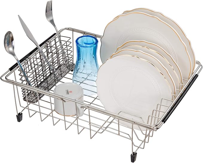 Slideep Cutlery Utensil Silverware Drying Rack, Flatware Storage Solution Basket with Hooks for Kitchen Dish Drainer Dish Drying Rack, Rust Proof Nickel
