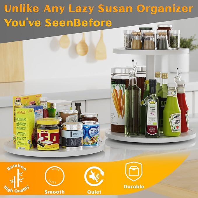 Lazy Susan Organizer Homerays 12 Inch Non-Skid Bamboo Lazy Susan for Kitchen Rotating Spice Rack for Kitchen Cabinet, Wood Turntable for Kitchen Countertop Organizer White