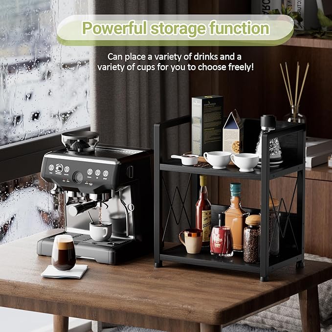 Aduanbang Coffee Bar Accessories Organizer, Seasoning Organizer, 2 Tier Wooden Kitchen Counter Shelf, Coffee Organizer Station for Countertop, Coffee Condiment Rack for Mugs, Cups, Cream, Syrup