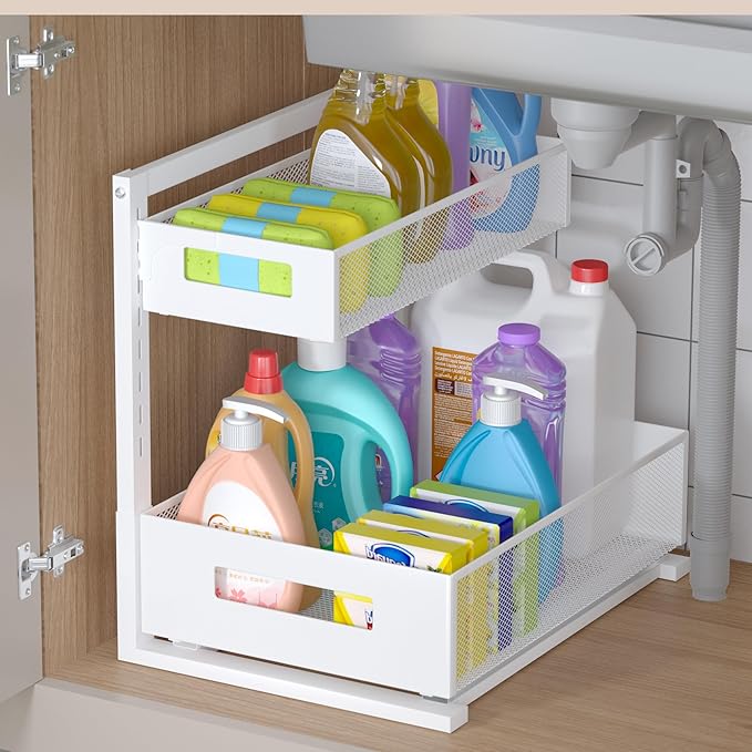 Pull-out Under Kitchen Sink Organizer, Metal Functional Under Sink Organizer, Height Adjustable Under Bathroom Sink Organizer, Under Sink Storage for Kitchen Bathroom Cabinet (White)