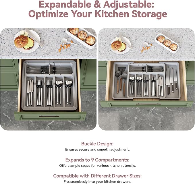 Silverware Organizer, Expandable and Adjustable Kitchen Utensil Drawer Organizer, Plastic Cutlery Holder with Multiple Compartments, Cutlery Holder,for Spoons Forks Knives, Grey, UAFD011G