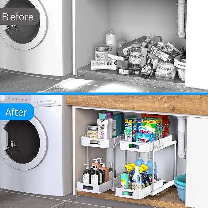 Under Sink Organizers and Storage, 2 Pack Large Capacity Heavy Load Double Pull-out Under Sink Shelves with Sliding Drawer for Kitchen and Bathroom, White
