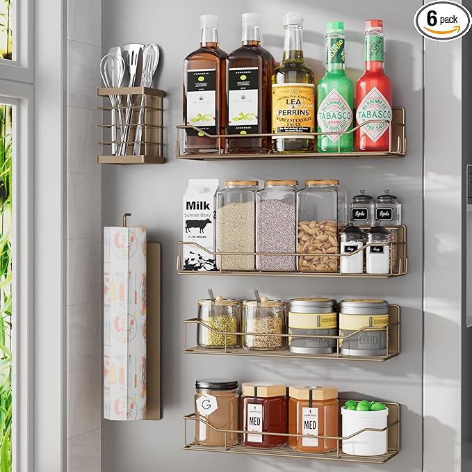 Magnetic Spice Rack for Refrigerator, 6 Pack Strong Magnet Spice Organizer with Paper Towel Holder, Utensil Holder, Moveable Magnetic Fridge Shelf for Kitchen Organization and Storage (Brown)
