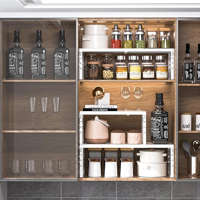 Cabinet Shelf,Expandable Adjustable Stackable Kitchen Organizer,for cabinets, Kitchens, countertops, bathrooms Shelf Organizer(2Packs/White,Medium)