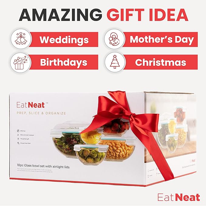 EatNeat Set of 5 Glass Food Storage Bowls with Airtight Snap Lock Lids - Salad, Mixing, Cooking, Meal Prepping & Leftover Keeping, Stackable & Nesting
