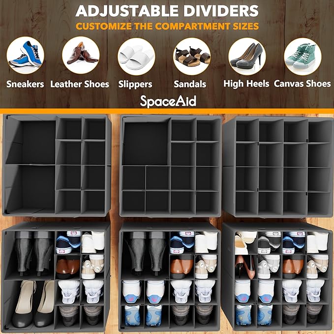 SpaceAid Shoe Organizer for Closet, 2 Pack Foldable Shoe Storage Containers Baskets Boxes Bins w/Adjustable Dividers, Fits 16-32 Pairs, Grey