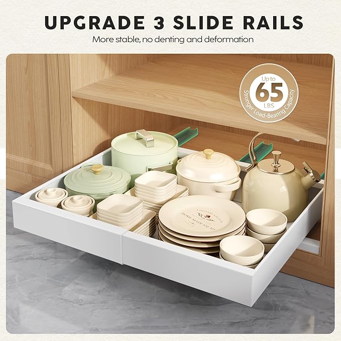 1 Pack Pull Out Cabinet Organizers 21" Deep,Expandable Slide Out Drawers Upgrade 3 Slide Rails,Roll Out Shelves Adhesive,Adjustable Width 12"-20.45" White