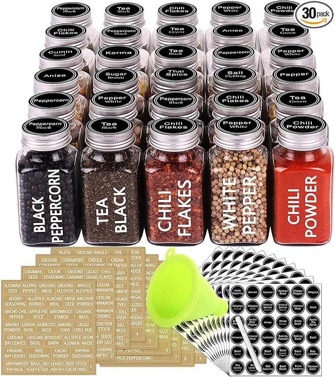 SWOMMOLY 30 Glass Spice Jars 6 oz Empty Square Spice Bottles with 703 Spice Labels, Chalk Marker and Funnel Complete Set. 30 Spice Containers with Airtight Cap, Pour/sift Shaker Lid
