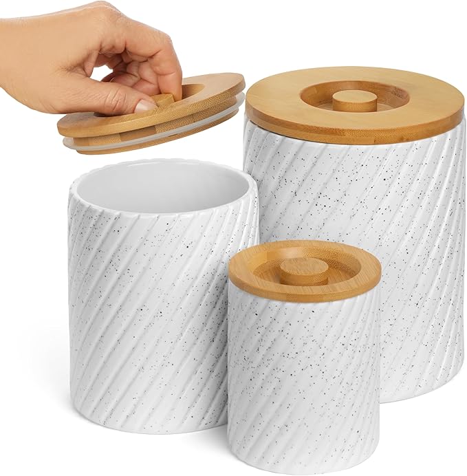 Ceramic Canister Set for Kitchen Countertop & Pantry – 3 Airtight Food Storage Containers for Flour, Sugar & More – Durable White Ceramic with Bamboo Lids