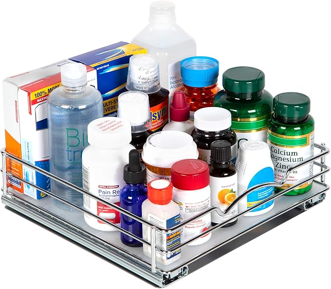 Pull Out Cabinet Organizer for Spices, Cans - Heavy Duty with Lifetime Limited Warranty- Pull Out Spice Rack- Cabinet Pull Out Shelf for Cans,Dishes, Etc, 10"W x 10"D x 2-1/8 H, Chrome