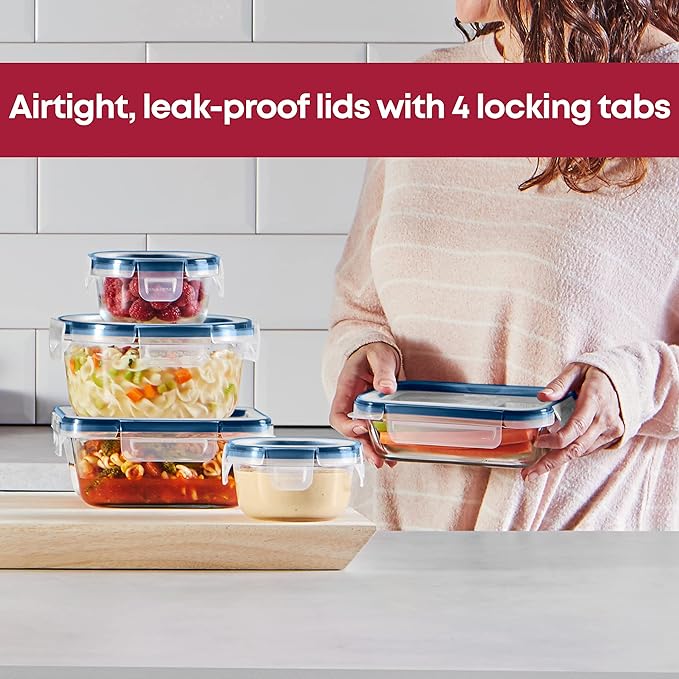 Pyrex Freshlock 5-Pack Mixed Sized Airtight Glass Food Storage Container Set with Microban, Non Toxic, BPA-Free Leakproof Locking Lids