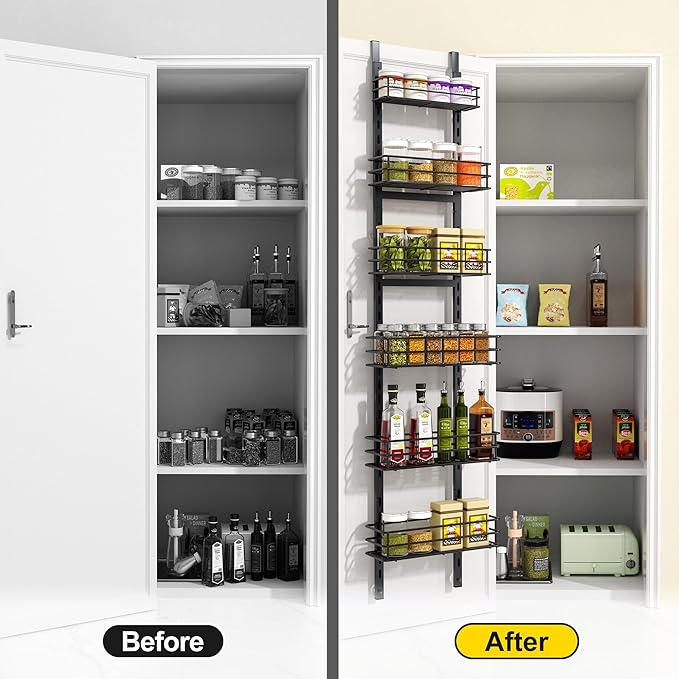 Thideewiz 12 Inches Wide Pantry Door Organizer, 6 Tier Adjustable Hanging Over the Door Spice Rack, Spice Organizer for Pantry Door, Spice Shelf for Kitchen Organizers and Storage (Black)