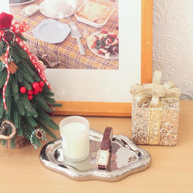 Ceramic Jewelry Tray Trinket Dish, Decorative Cloud Vanity Key Tray for Women, Ring Holder Dish, Cute Jewelry Plate Bowl Room Decor Aesthetic, Silver, Large