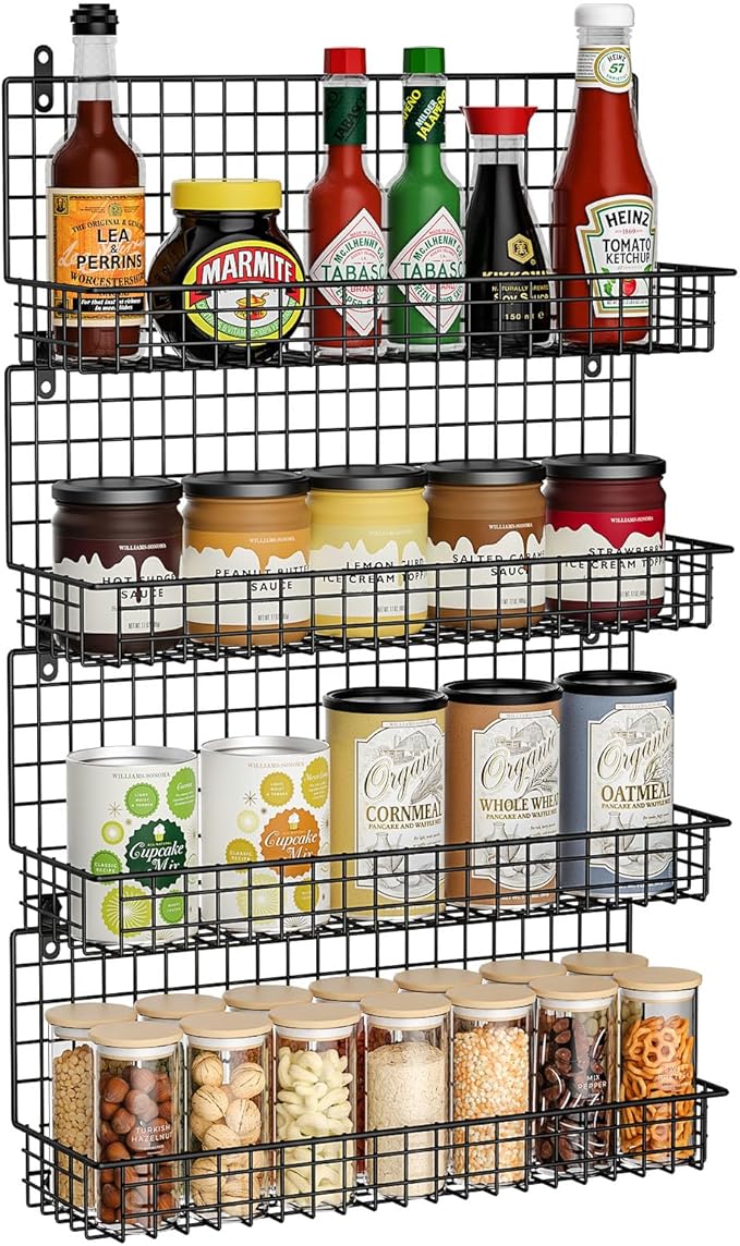 X-cosrack Spice Rack Organizer Wall Mounted 4-Tier Stackable Hanging Spice Storage Racks,Great for Kitchen and Pantry Storing Spices, Large with 5 Hooks, Up to Storage 80 Jars(Patent No.:D909138S)