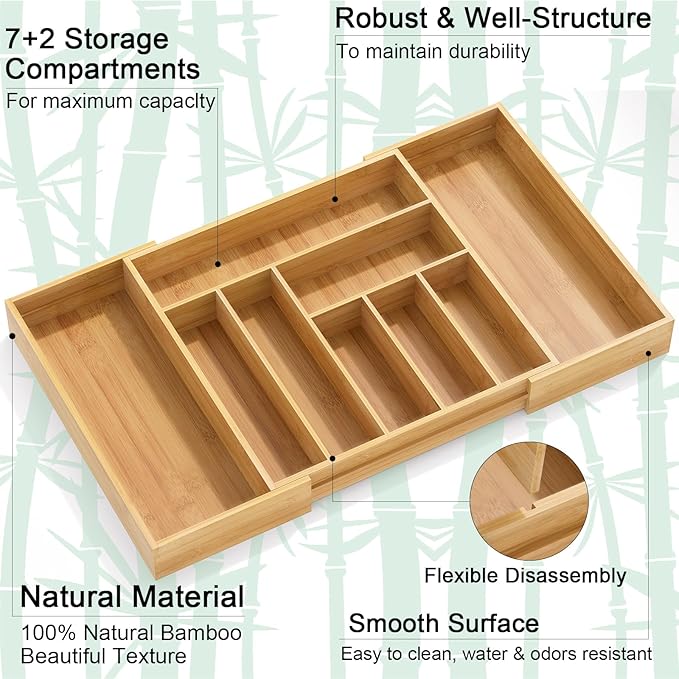 Bamboo Utensil Organizer for Kitchen Drawers, Utensil Tray and Cutlery Silverware Holder,Wood Drawer Dividers with 9 Slots