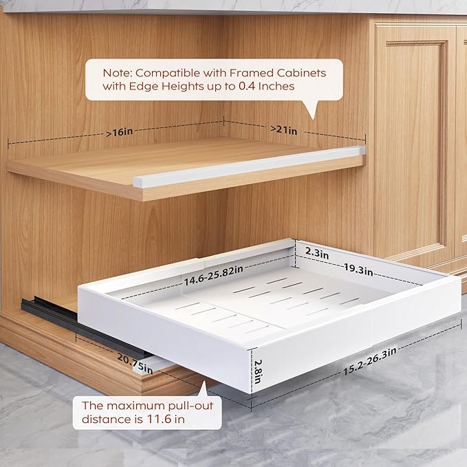 2 Pack Pull Out Cabinet Organizers 21"Deep With Raising Pad for Framed Cabinets,Expandable Slide Out Drawers Upgrade 3 Slide Rails,Roll Out Shelves Adhesive,Adjustable Width 15.2"-26.3" White