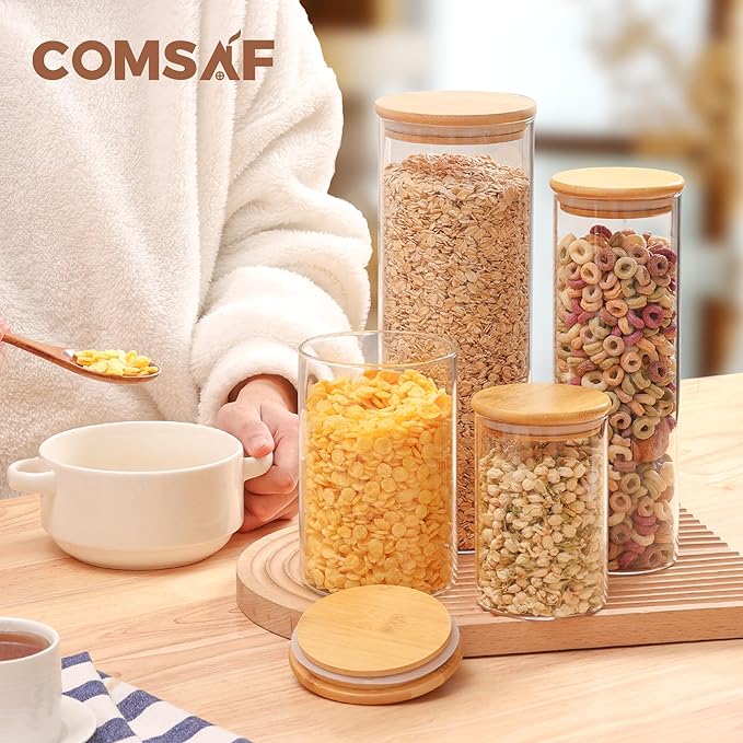 ComSaf Glass Food Storage Jars Set of 6, Clear Glass Storage Containers with Lids, Canisters Sets for the kitchen, Spaghetti, Pasta, Flour, Nuts, Oat, Coffee and Sugar Container, Pantry Organization