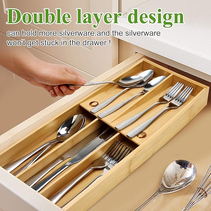 Bamboo Silverware Drawer Organizer Cutlery Tray for Drawer Wood Kitchen Utensil Tray Flatware Caddy Cutlery Holder Utensil Drawers Organizer for Spoon Fork Knives Wooden Silverware Trays