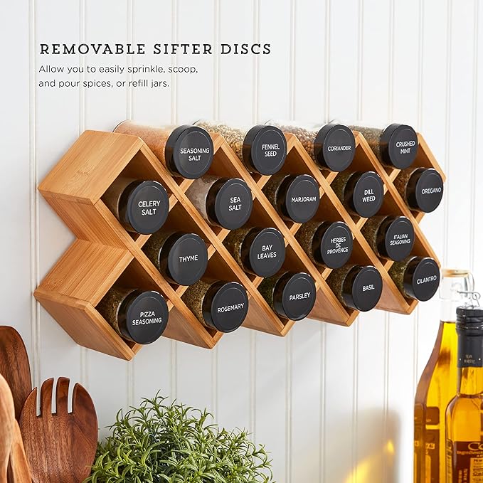 Kamenstein 18 Jar Criss-Cross 2-in-1 Spice Organizer for Countertop or Wall with Spices Included, FREE Spice Refills for 5 Years, Bamboo with Black Caps