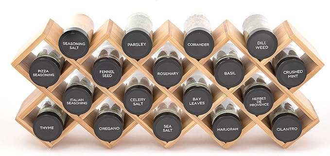 Kamenstein 18 Jar Criss-Cross 2-in-1 Spice Organizer for Countertop or Wall with Spices Included, FREE Spice Refills for 5 Years, Bamboo with Black Caps
