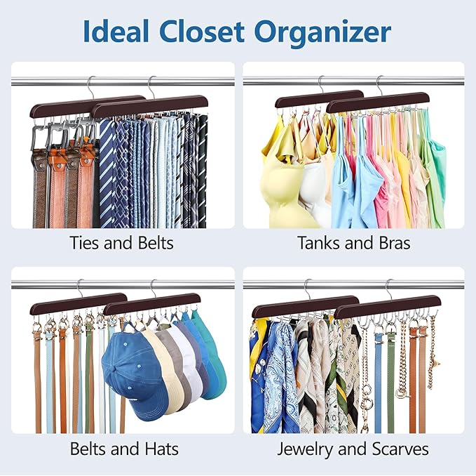 2 Pack Tie Rack & Belt Hanger 2 in 1 Tie Hanger Space Saving Max 42 Belts& 60 Ties Capacity for Closet Organizers and Storage, Sturdy Wood Belt & Tie Collection Organizer