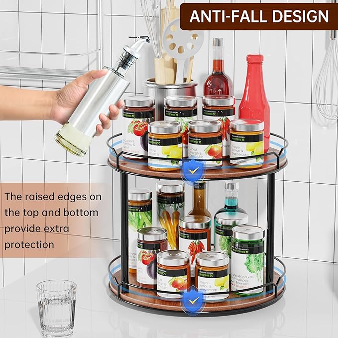 12.4" Lazy Susan Organizer 2 Tier - Rotating Spice Rack, Wooden Spinning Spice Holder for Inside Cabinet, Pantry, Kitchen, Countertop, Bathroom and Vanity, Versatile Storage