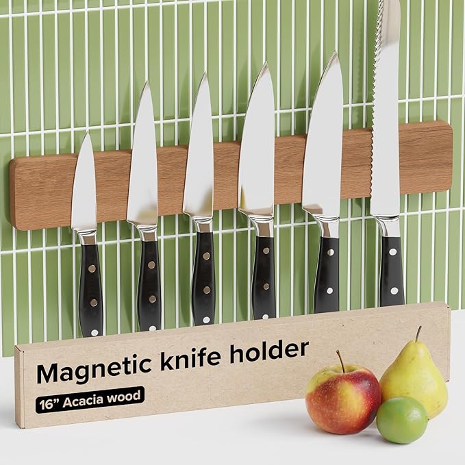 Wooden Knife Magnetic Strip 16" Acacia Wood Natural Beech β Magnetic Knife Holder for Wall no Screws β Kitchen Utensil Holder, Knife Bar, Knife Rack, Kitchen Organizer and Tool Holder