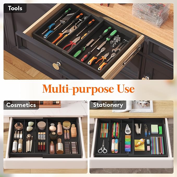 Lifewit Utensil Drawer Organizer, Expendable Cooking Silverware Tray for Kitchen Drawer, Bamboo Adjustable Cutlery Flatware Holder, Spatula Tools and Gadgets Storage Divider, 4 Compartments, Black