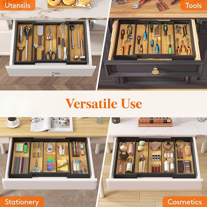 Lifewit Utensil Organizer for Kitchen Drawer, Bamboo Cooking Utensil Tray, Expandable Cutlery Silverware Flatware Holder, Adjustable Spatula Tools Gadgets Storage Divider, Large, Natural and Black