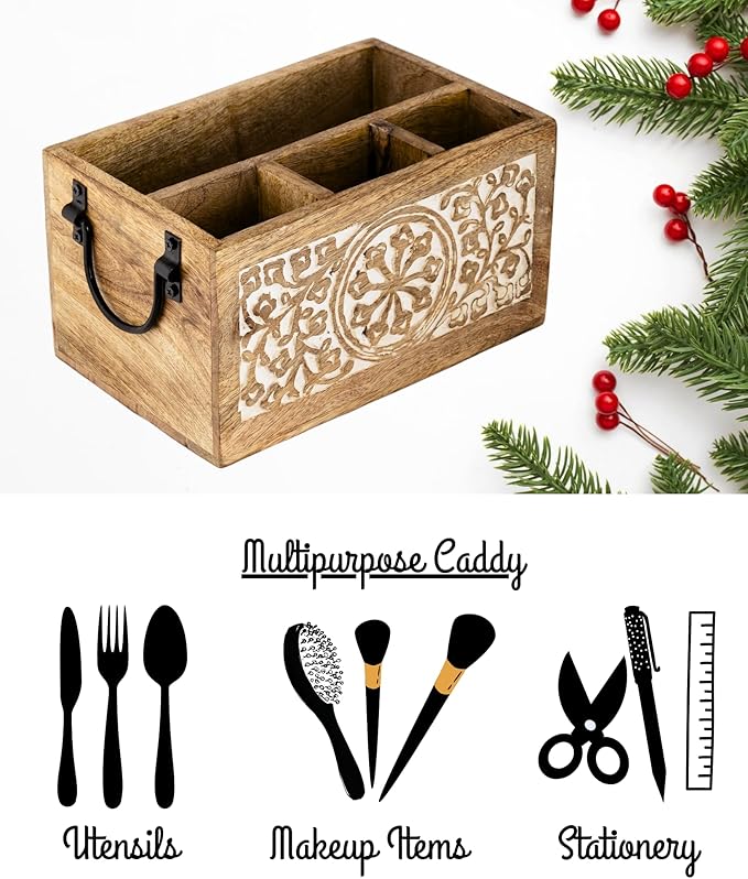 Mie Creations 4 Compartment Wooden Silverware Caddy Utensil Holder, Farmhouse Cutlery Flatware Organizer, Decorative Wood Caddy with Metal Handles for Kitchen, Buffet Party, Mothers Day Gift for Mom