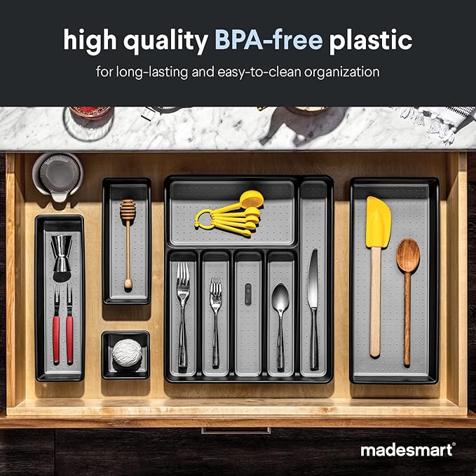 madesmart Classic Large Silverware Tray - Granite |CLASSIC COLLECTION | 6-Compartments| Kitchen Drawer Organizer | Soft-Grip Lining and Non-Slip Rubber Feet | BPA-Free