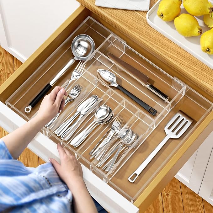 NIUBEE Expandable Kitchen Drawer Organizer for Flatware and Utensils,Clear Acrylic Adjustable Silverware Tray for Drawer,Office,Bathroom Supplies-9 Compartments