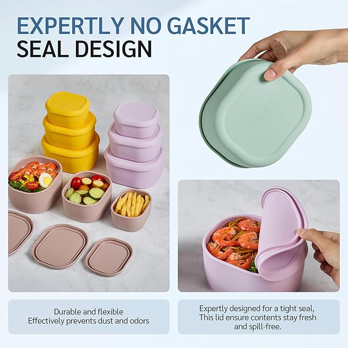 ISSEVE 12Pcs/Set Nesting Silicone Food Storage Containers with Lids, BPA Free Reusable Meal Prep Silicone Containers Airtight, Freezer Dishwasher Safe (33.8oz, 20oz, 10oz, 6.7oz, 1.3oz) (Purple)