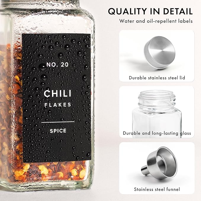 Glass Spice Jars with Label and Stainless Steel Lids (24 x 4oz) Spice Containers with 240 Labels, Shaker Inserts, Steel Funnel, Empty Square Empty Square Seasoning Organizer (Silver)