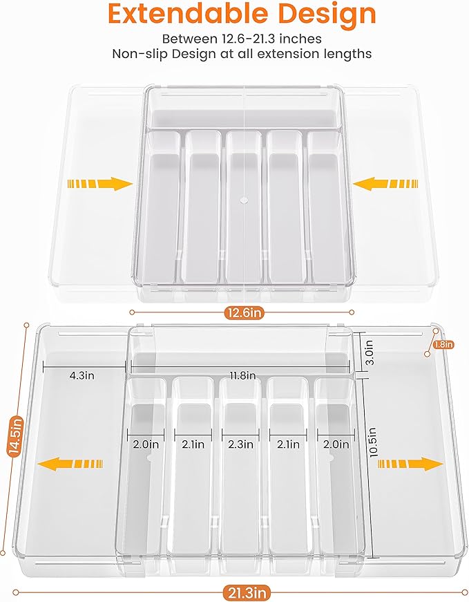 Flatware Organizer for Drawer Silverware Tray, Adjustable Food Grade Utensil Organizer Cutlery Holder for Kitchen Drawer, Heavy-Duty Plastic Storage for Spoons Forks Knives, Large, Clear