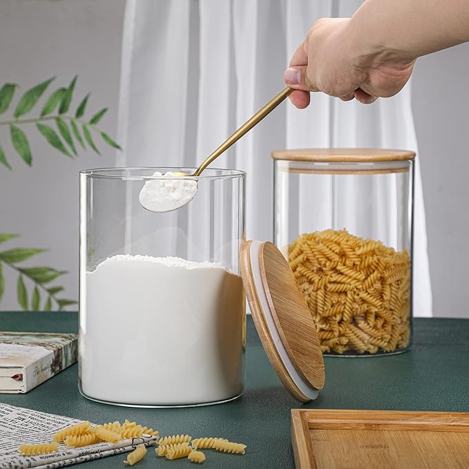 2 Sets 3000 ML/100 FL OZ Clear Glass Storage Canister Holder with Airtight Bamboo Lid, Extra Large Container Jar for Flour Sugar Coffee Loose Tea Rice Cookie Cereal Pasta Spaghetti Protein Powder