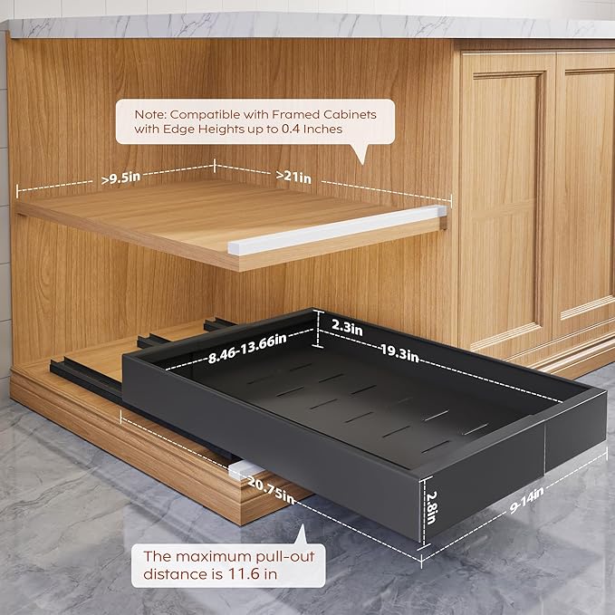 4 Pack Pull Out Cabinet Organizers 21" Deep with Raising Pad for Framed Cabinets,Expandable Slide Out Drawers Upgrade 3 Slide Rails,Roll Out Shelves Adhesive,Adjustable Width 9"-14" Black
