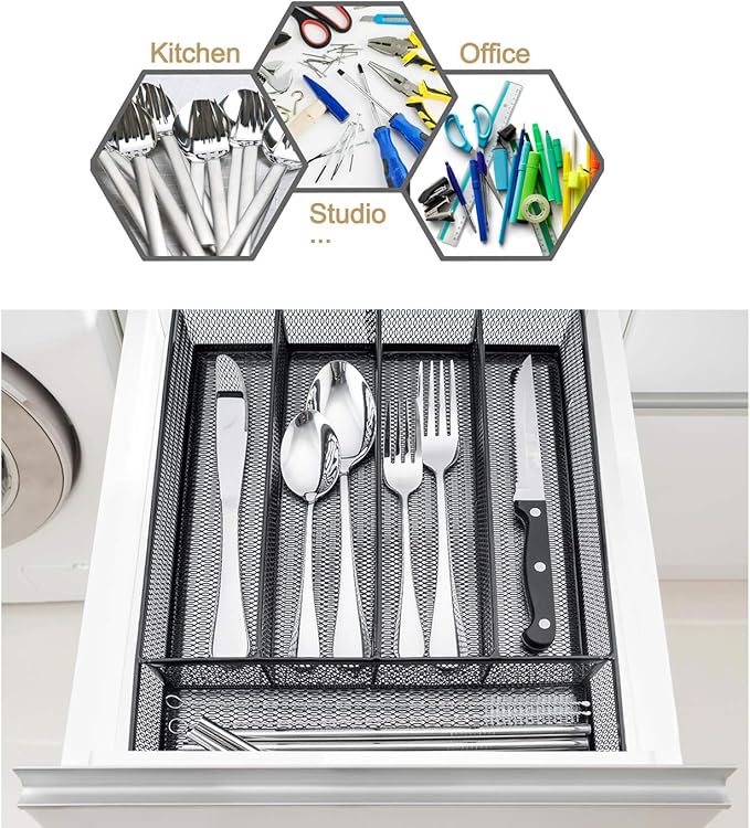 HaWare Utensil Drawer Organizer, Mesh Wire Silverware Organizer Divider for Kitchen, Stainless Steel Cutlery Flatware Storage Tray with Non-Slip Foam Feet, 5 Compartment, 12.5 x 9.2Inch, Black