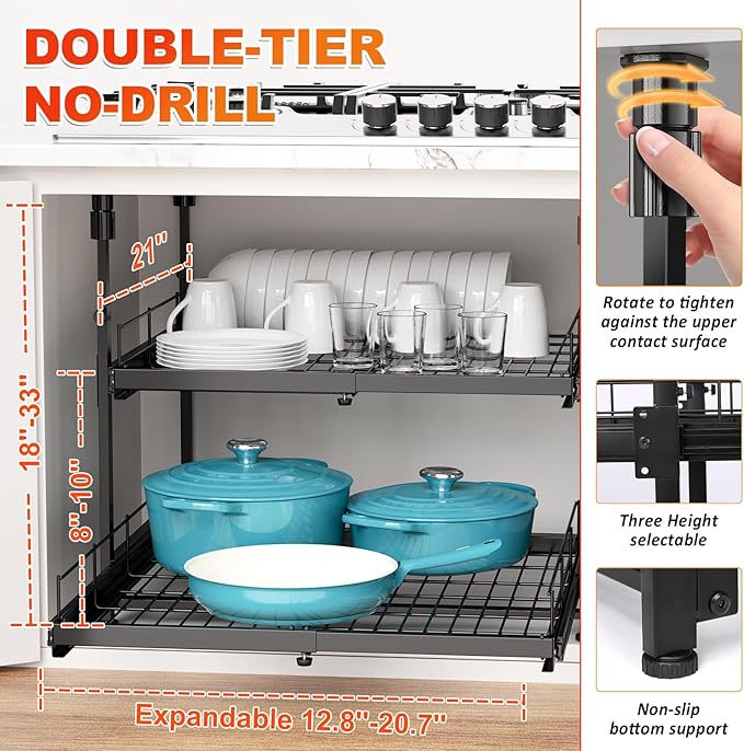 Adjustable 2-Tier Pull Out Cabinet Organizer, Expandable 13"-21" Wide, No-Drill Kitchen Cabinet Organizer for Pots and Pans, Smooth Slide-Out Shelves for Under Cabinet Storage – 21" Deep, Black
