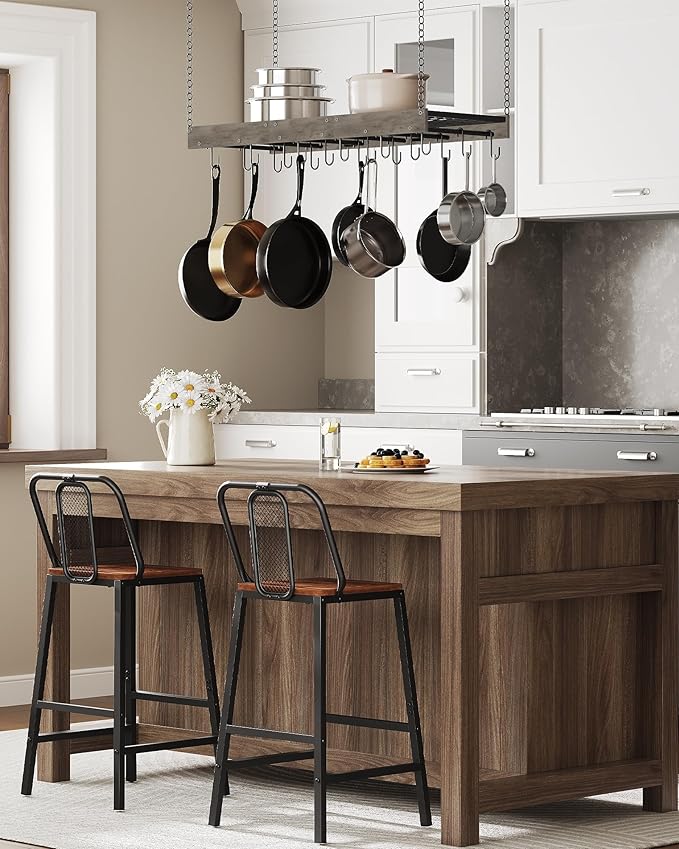 Hanging Pot Rack, Ceiling Wall Mounted Pot Rack for Kitchen, Industrial Style Pot Hanger with 18 Hooks, Cookware Storage Organizer, for Pots and Pans, Greige and Black TPR12BGC1