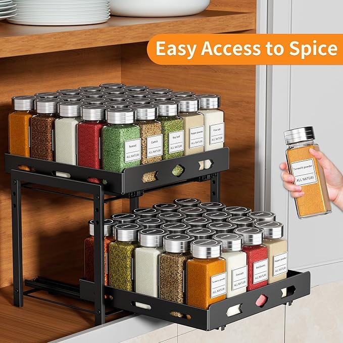 RCHYFEED Pull Out Spice Rack Organizer for Cabinet, 2-Tier Heavy Duty Slide Out Spice Rack for Inside Cabinets & Pantry, Kitchen Seasoning Organizer Vertical Spice Racks,11.9" Wx10.8 Dx9.7 H,Black