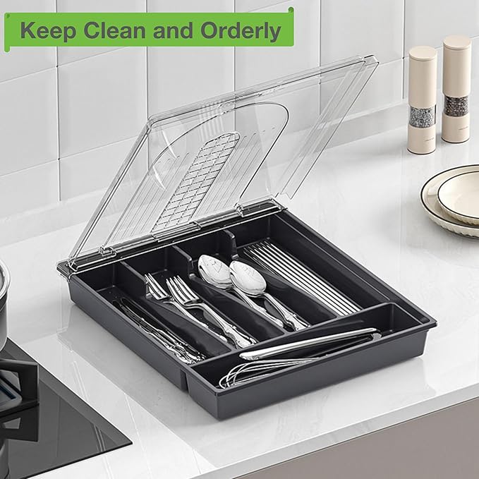 Silverware Container with Removable Lid, Countertop silverware holders Plastic Silverware Tray for Drawer, 5 Compartments Flatware Organizer (Grey)