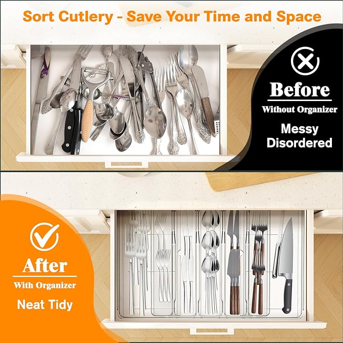 Silverware Drawer Organizer, Expandable Utensil Tray for Kitchen, Clear Plastic Cutlery Flatware Holder, Adjustable Storage Divider for Cooking Tools Forks Knives Spoons, 9 Slot