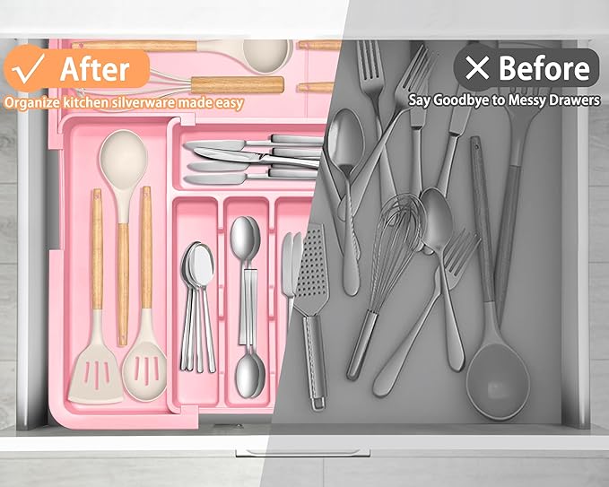 Silverware Organizer Expandable Kitchen Utensil Drawer Organizer Large BPA Free Adjustable Cutlery Silverware Tray for Spoons Forks Knives Storage Divider for Kitchen Flatware 6-9 Slots Pink